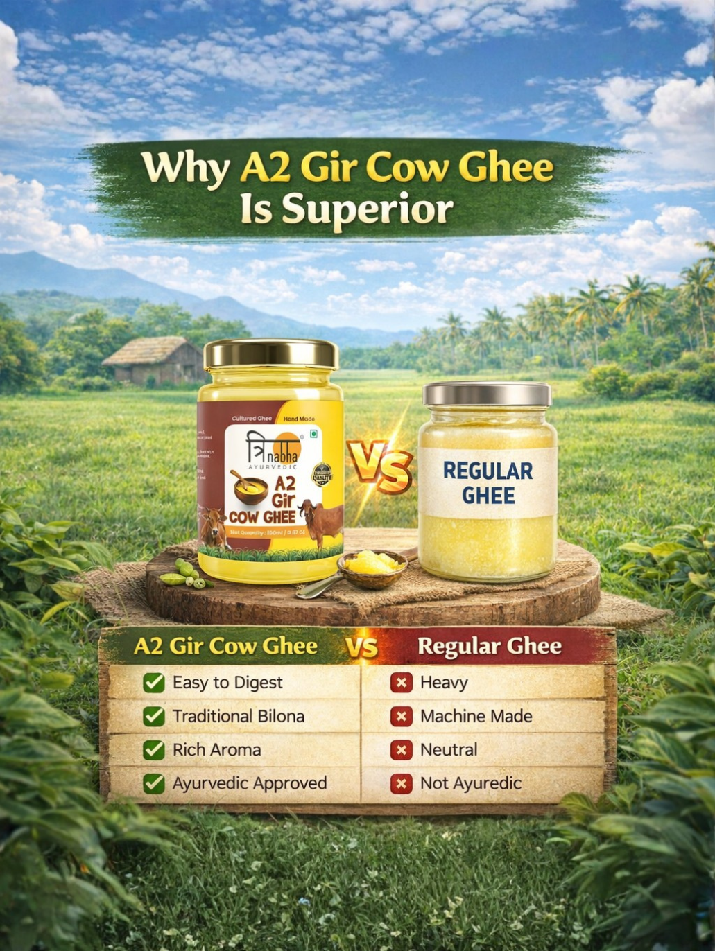A comparison table showing why A2 Gir Cow Ghee is superior to regular ghee. It lists benefits such as being easy to digest, traditional Bilona method, rich aroma, and Ayurvedic approval.