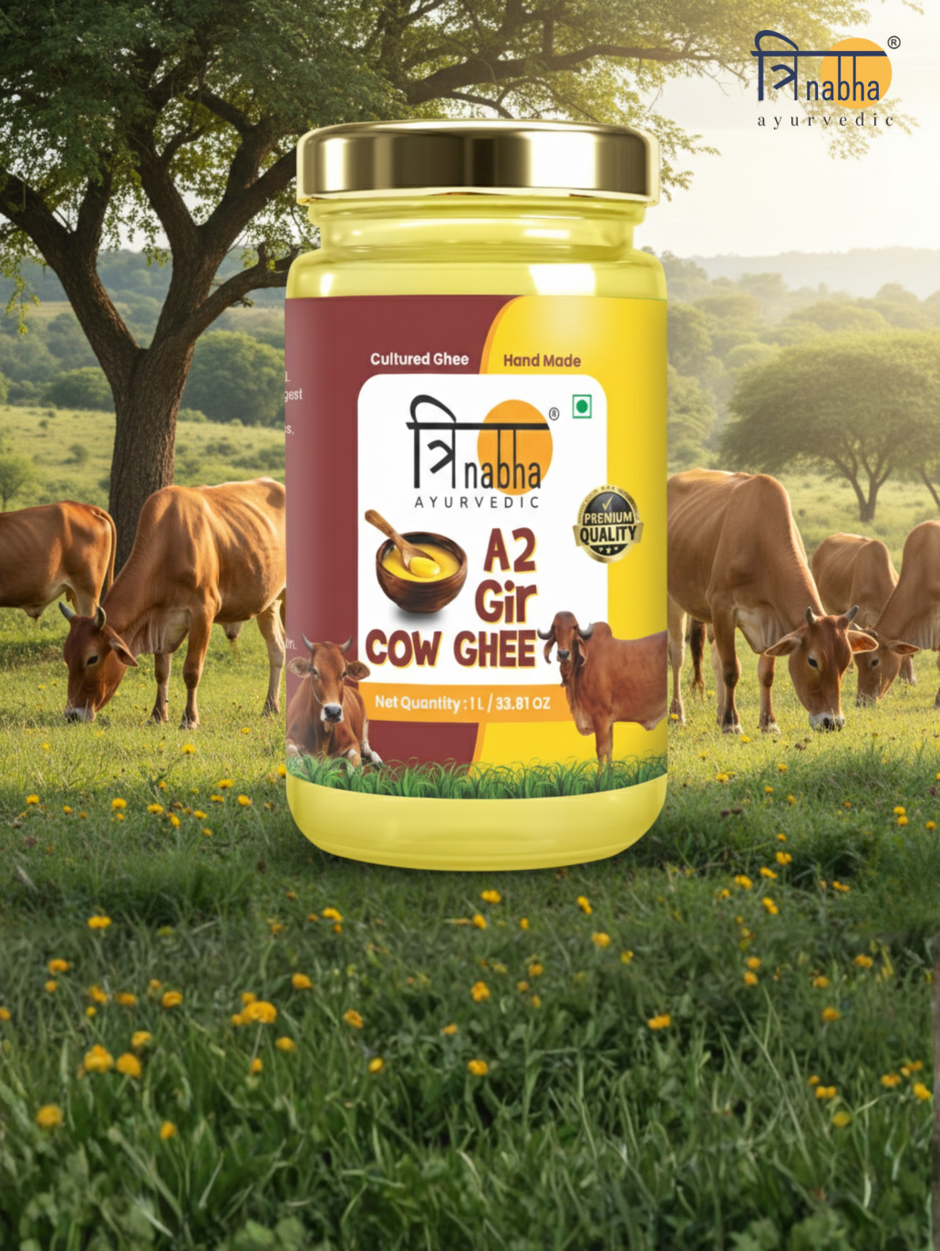 A 1-liter glass jar of Trinabha Ayurvedic A2 Gir Cow Ghee set against a sunny pasture with grazing Gir cows.