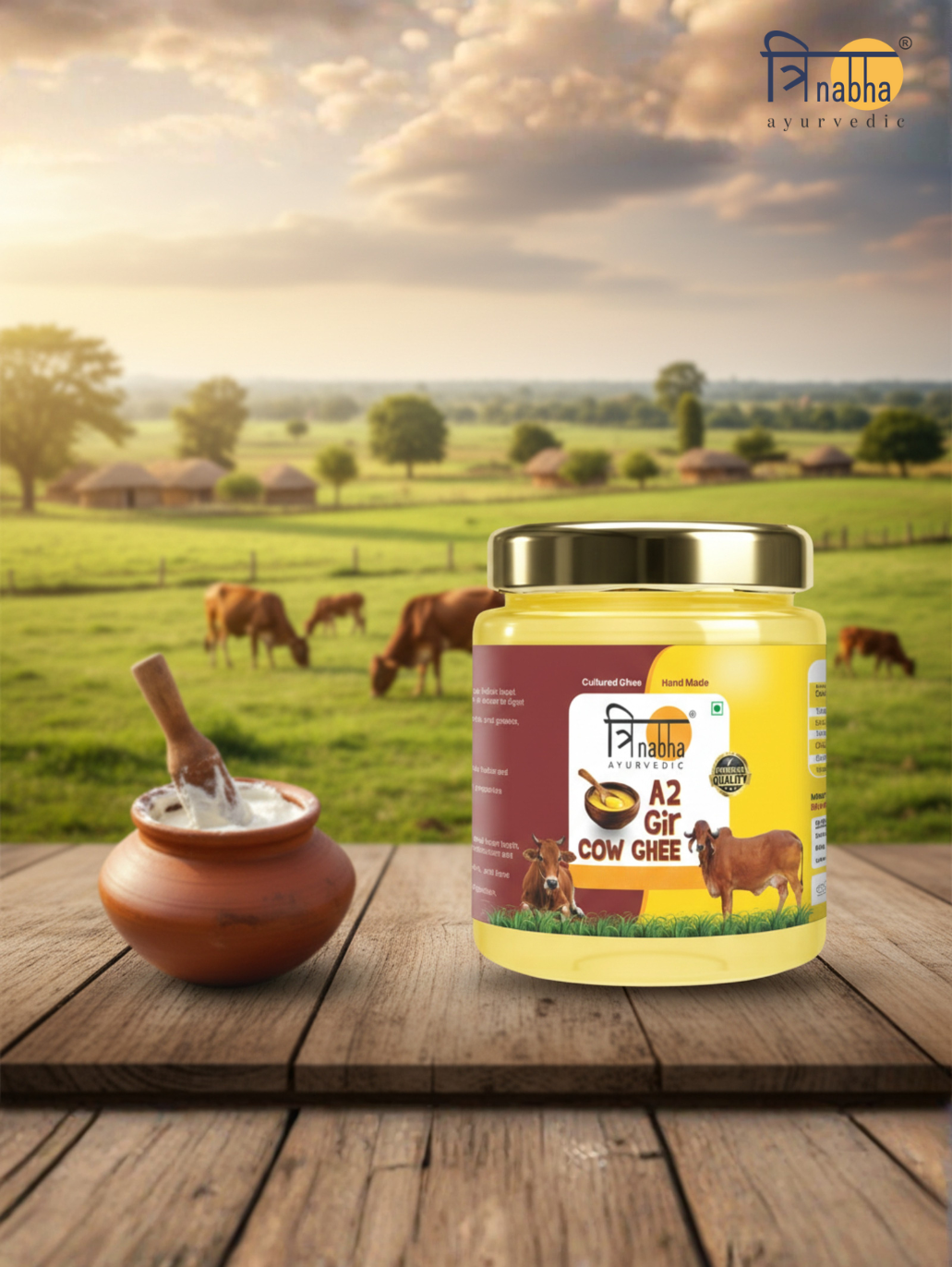A 150 gram glass jar of Trinabha Ayurvedic A2 Gir Cow Ghee set against a sunny pasture with grazing Gir cows