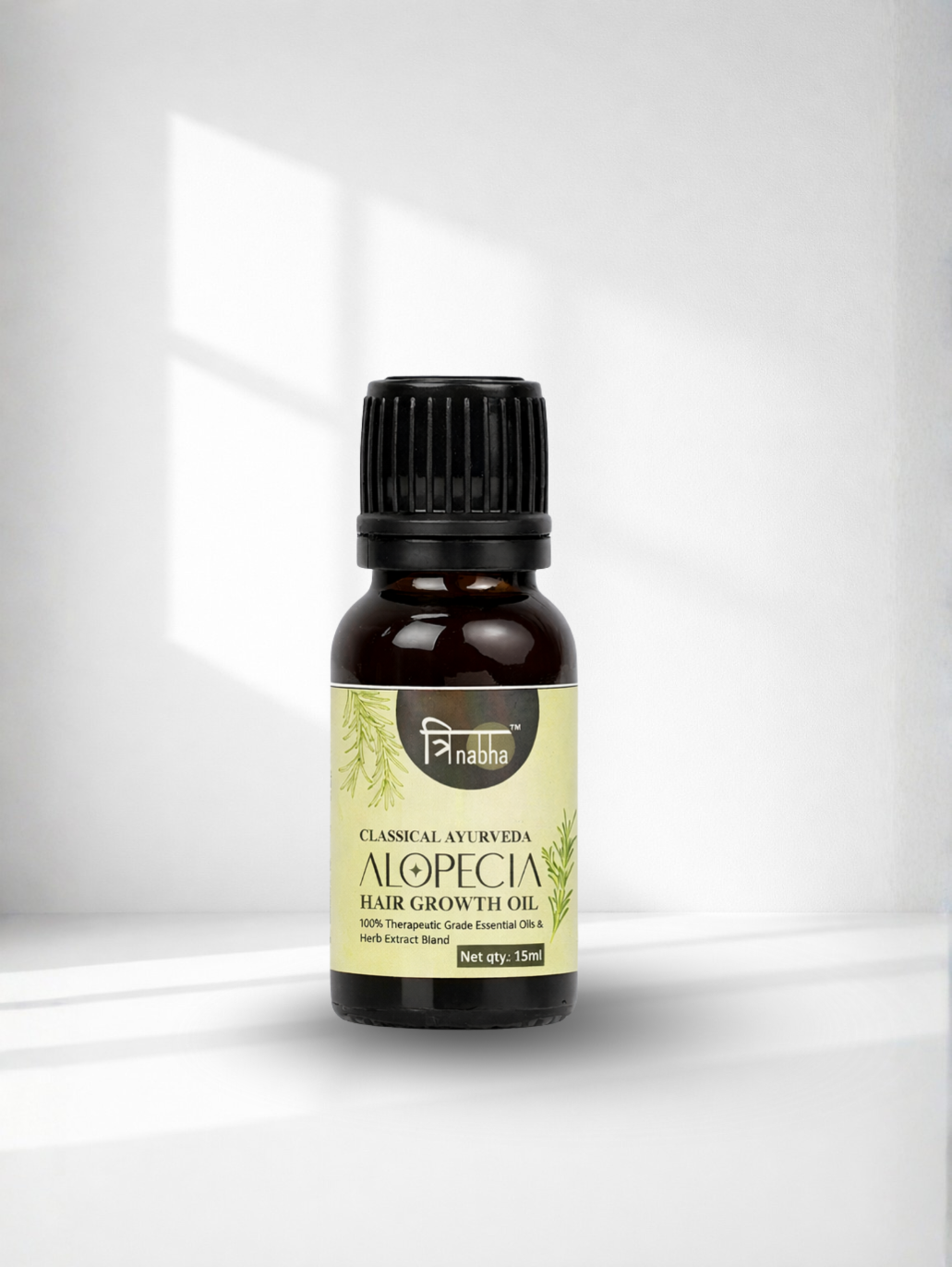 Trinabha Classical Ayurveda Alopecia Hair Growth Oil 15ml bottle on a clean white background.