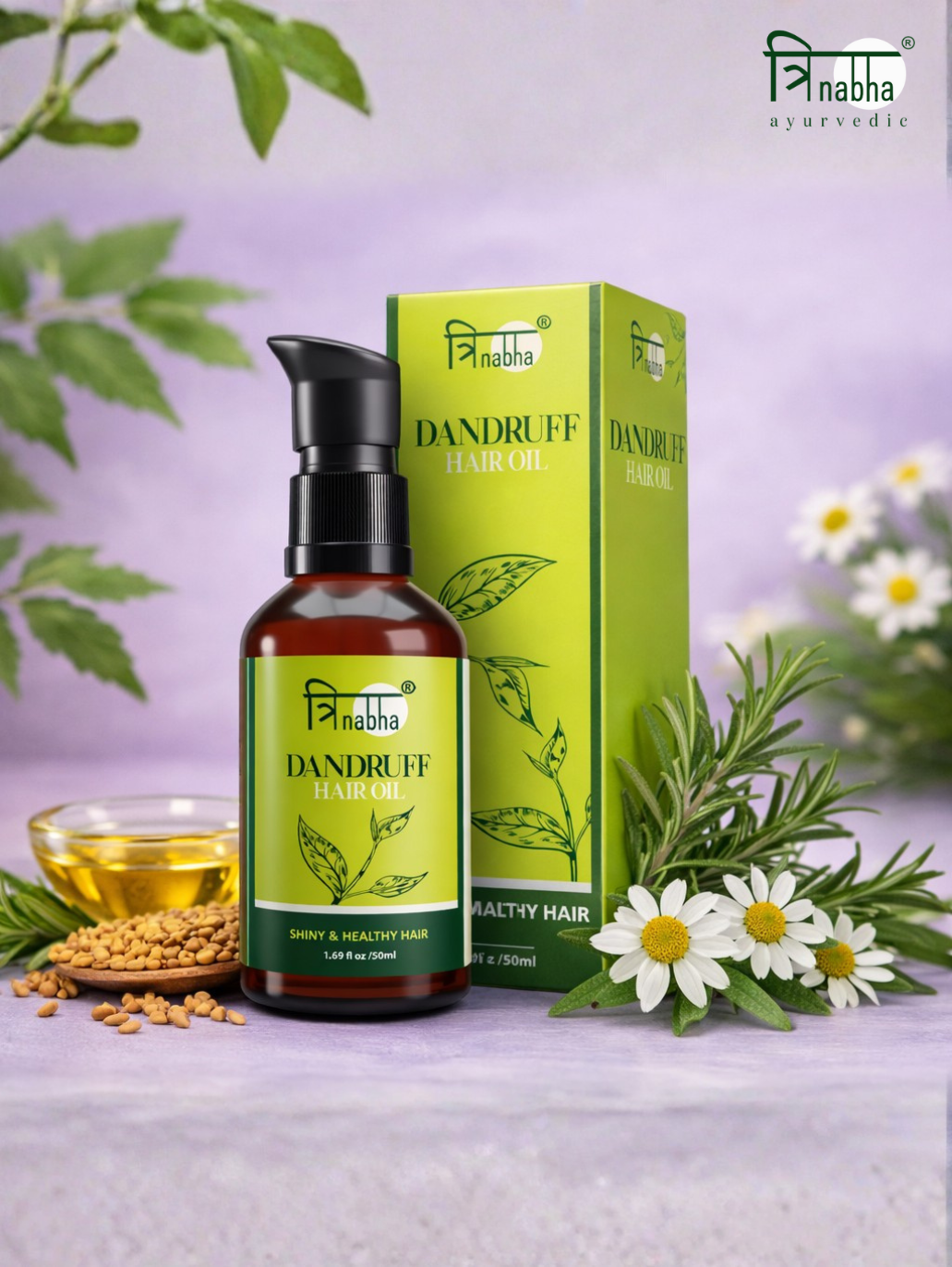 Trinabha Ayurvedic Dandruff Hair Oil bottle and box with neem leaves and white flowers for healthy scalp.