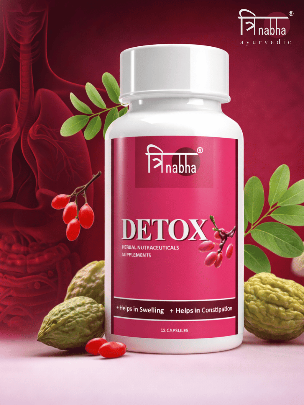 Trinabha Detox Capsules bottle with natural ingredients for body cleansing and digestive health.