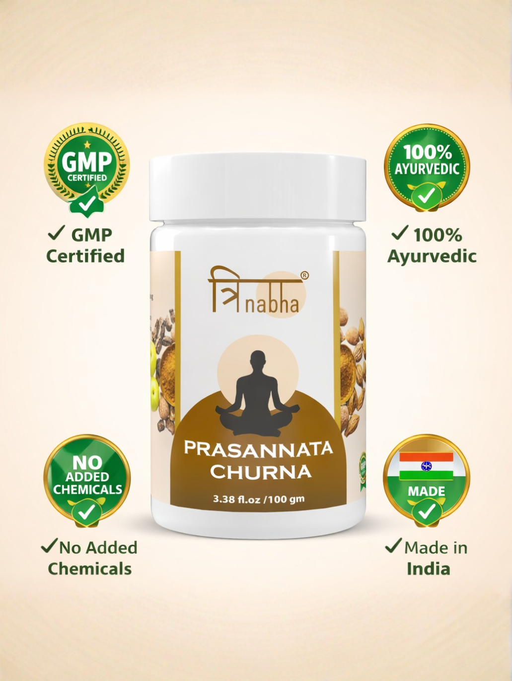 Trinabha quality standards: GMP Certified, 100% Ayurvedic, No Added Chemicals, and Made in India
