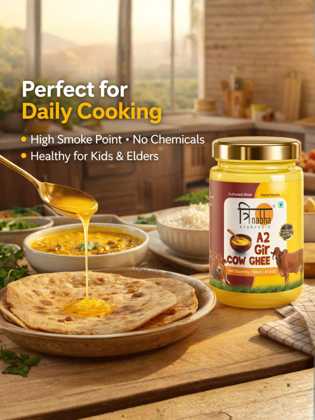 Liquid ghee being poured onto a flatbread in a kitchen setting. Highlights include a high smoke point, no chemicals, and being healthy for kids and elders.