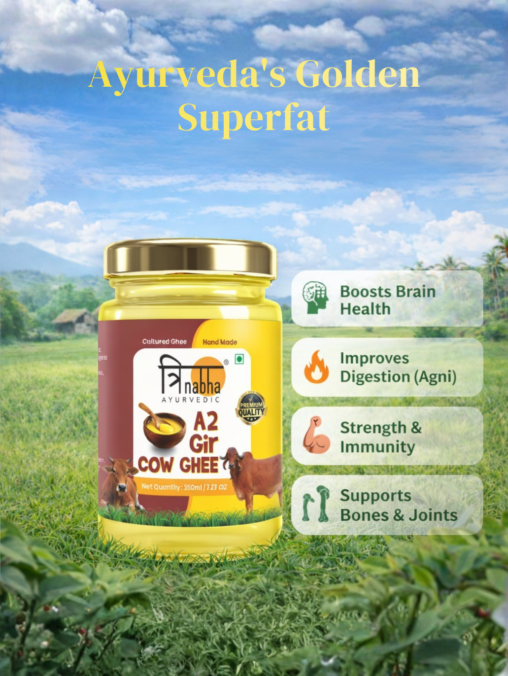 An infographic titled "Ayurveda's Golden Superfat" listing health benefits: boosts brain health, improves digestion (Agni), enhances strength and immunity, and supports bones and joints.