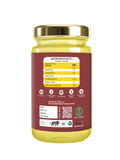 The back label of the ghee jar showing Nutrition Facts, including 250 calories per serving and 0g Trans Fat. It also displays the FSSAI logo and AYUSH license.