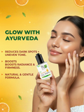 A smiling woman with glowing skin holding the Trinabha Vitamin C Serum. Text highlights include reduction of dark spots, boosted radiance, and a natural formula