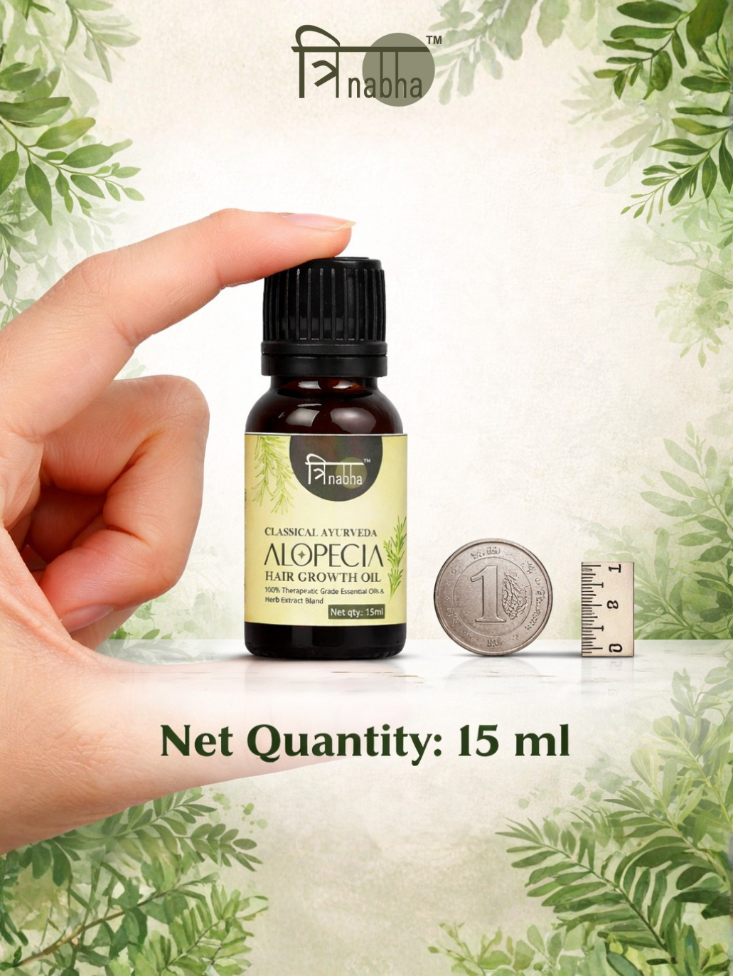 Size comparison of 15ml Trinabha hair oil bottle held between fingers next to a coin.