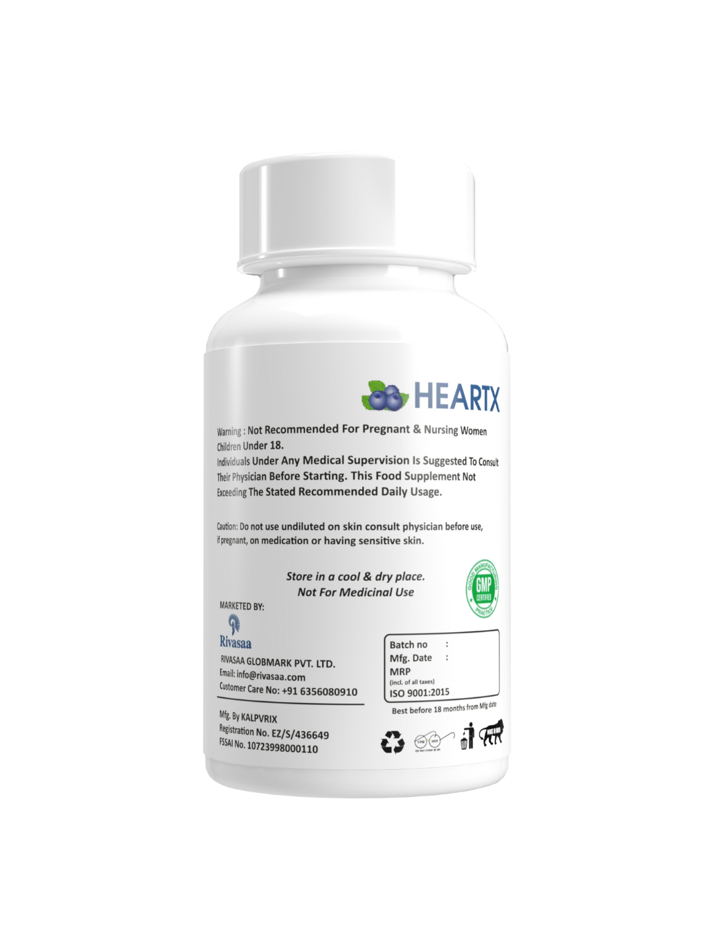 Side view of Trinabha HEARTX bottle highlighting the 60 vegetarian capsules count.