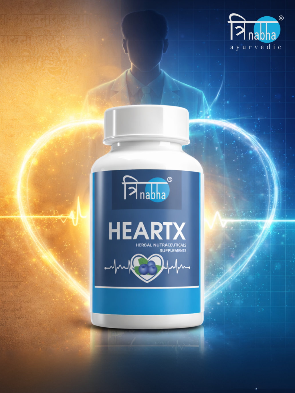 Heart health supplement bottle with capsules and herbs on a white background