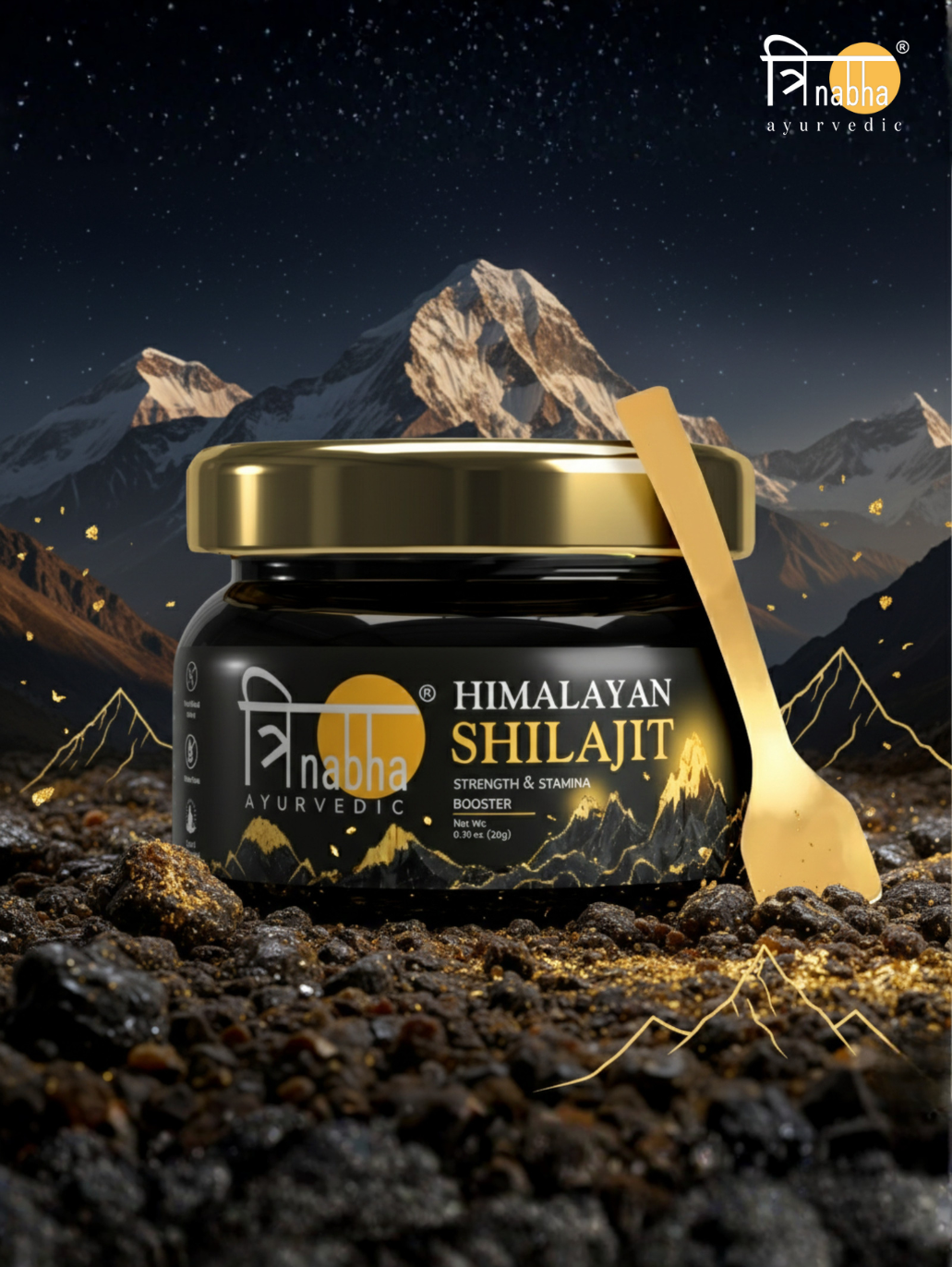 Trinabha Ayurvedic Himalayan Shilajit resin in a premium black glass jar with a gold lid and measuring spoon, set against a mountain background.