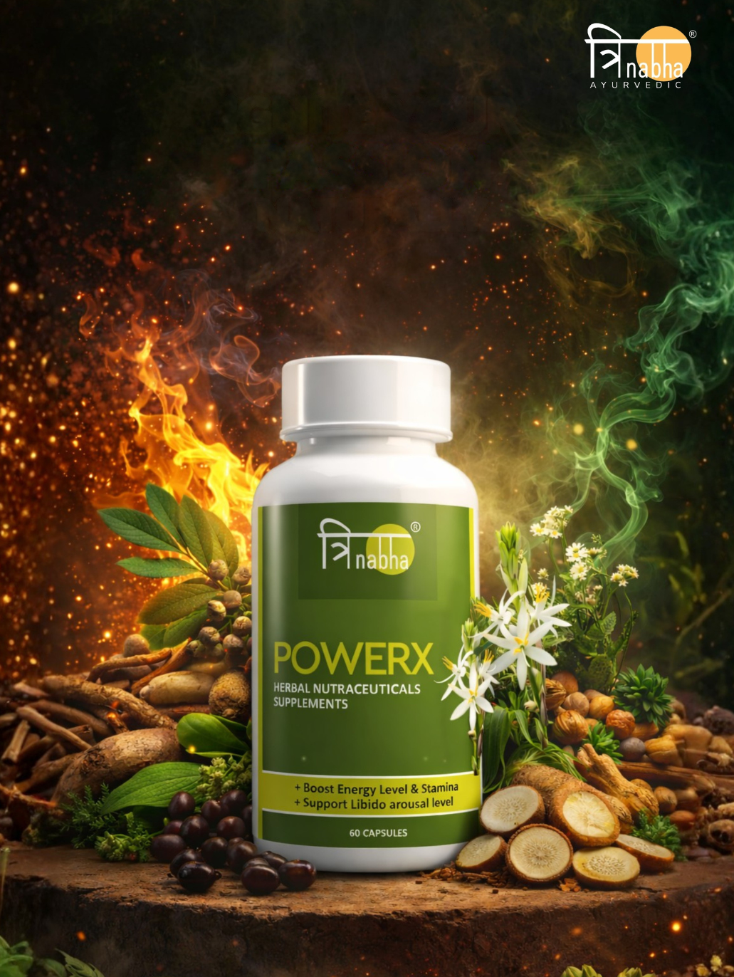 Bottle of Trinabha PowerX herbal supplements with capsules and green leaves on a white background