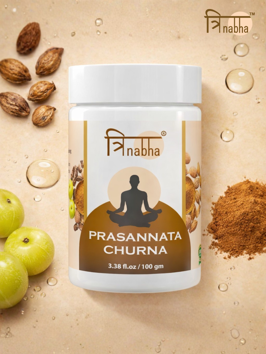 Front view of Trinabha Prasannata Churna 100g (3.38 fl.oz) container, an Ayurvedic herbal powder for mental calm and wellness