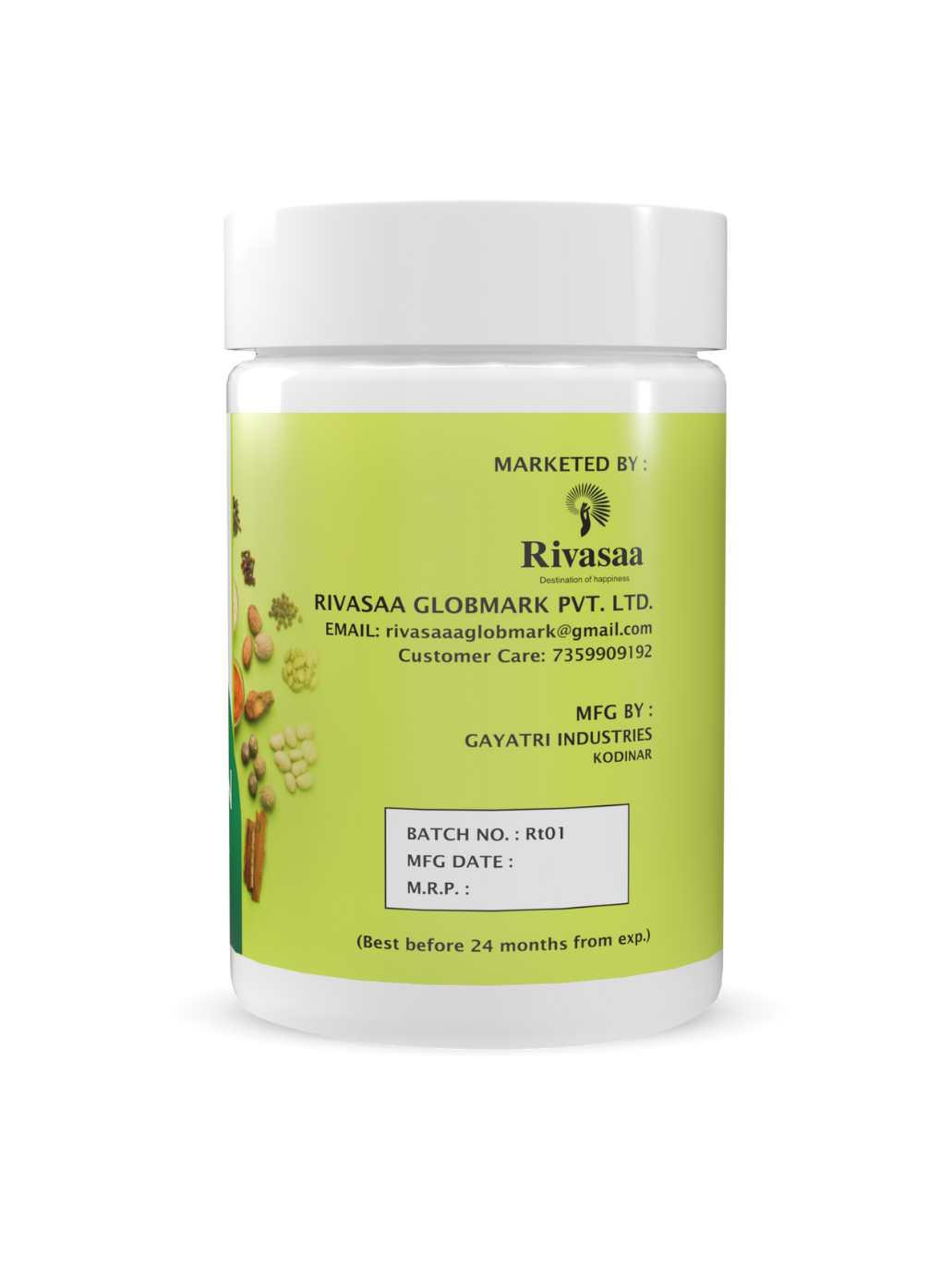 Back label of Trinabha Rasayan Churna showing Rivasaa Globmark marketing and Gayatri Industries manufacturing info.