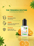 The Trinabha Routine illustrated with icons: Cleanse the face, Apply a few drops to face and neck, and Protect with daily SPF