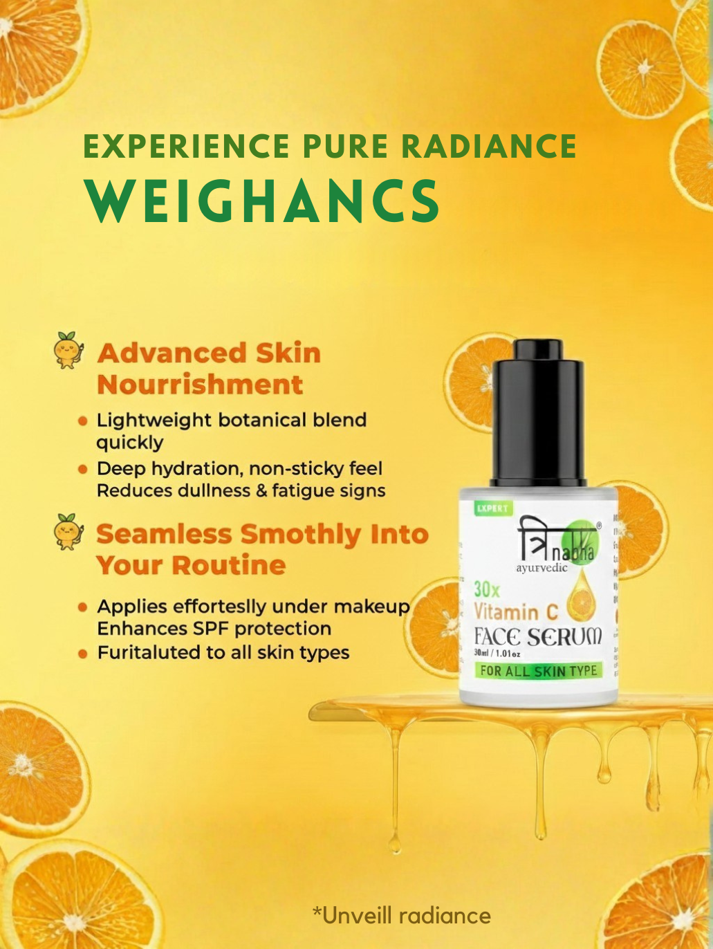 Details on the serum's advanced skin nourishment, highlighting its lightweight botanical blend, non-sticky feel, and suitability for all skin types under makeup