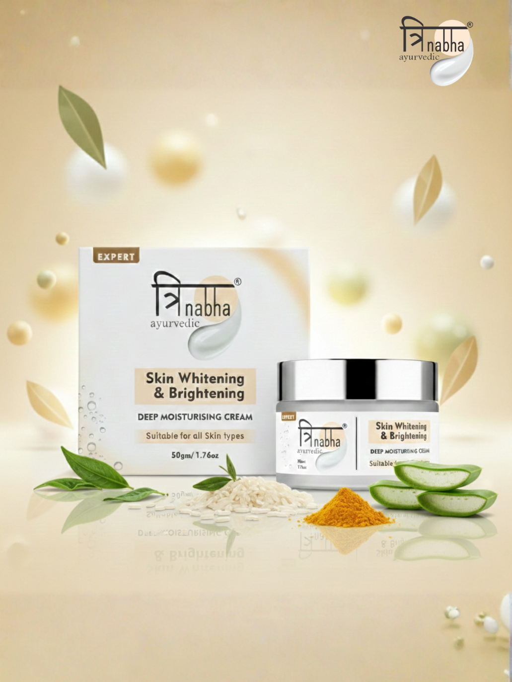 Trinabha Ayurvedic Skin Whitening & Brightening Cream with natural herbs for deep moisturization and radiant skin