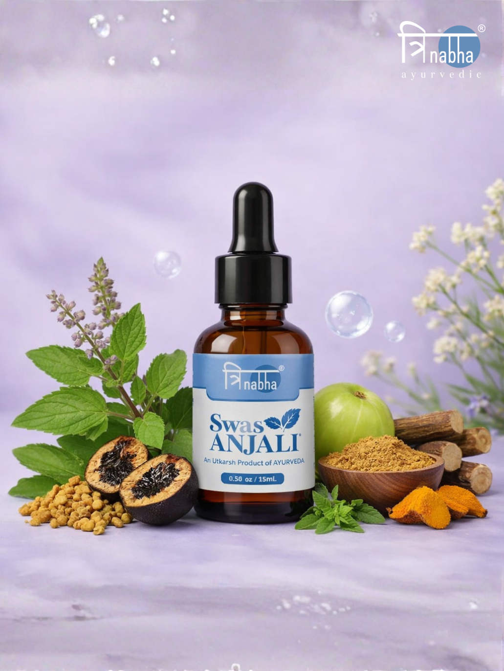 Trinabha Swas Anjali Ayurvedic respiratory drops in a 15ml amber glass bottle with a dropper, surrounded by fresh herbs like Tulsi and Amla.