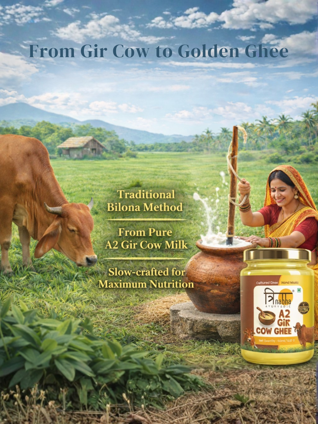 An illustration of a woman using the traditional Bilona method to churn ghee next to a Gir cow in a rural landscape. It emphasizes slow-crafted nutrition from pure A2 milk.