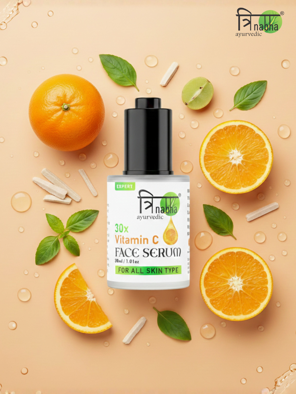 A bottle of Trinabha Ayurvedic 30x Vitamin C Face Serum centered on a peach background, surrounded by fresh orange slices, green leaves, and water droplets