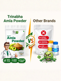 Comparison chart showing Trinabha 100% pure Amla powder versus other brands that contain cheap fillers and artificial additives