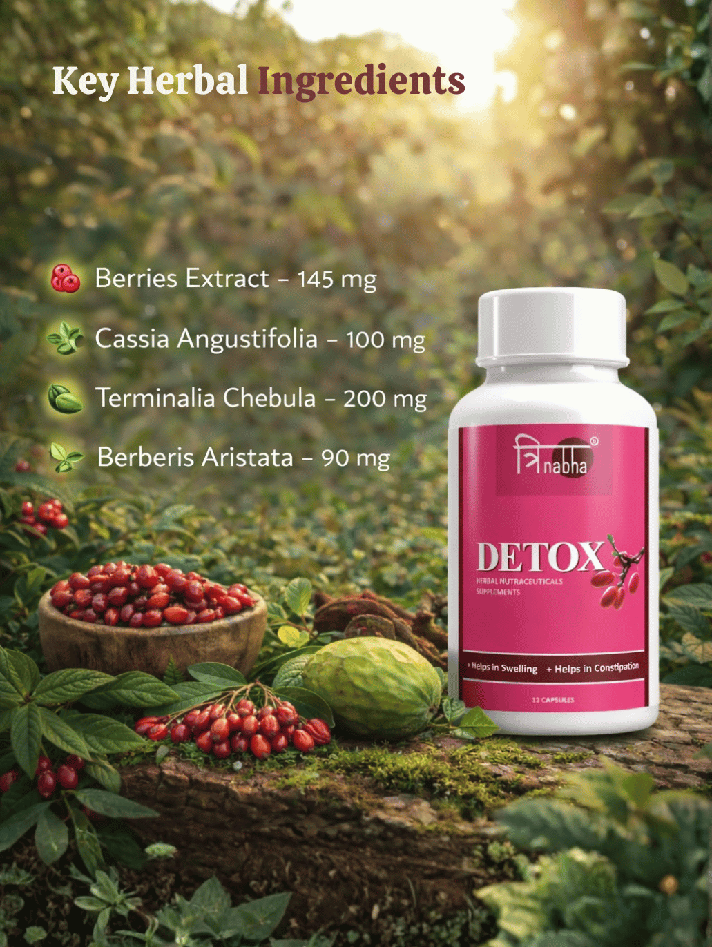 Key ingredients in Trinabha Detox including Triphala, Cassia Angustifolia, and Berries Extract