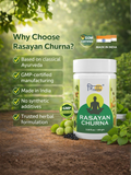 Quality certifications for Trinabha Rasayan Churna: GMP certified, Made in India, and no synthetic additives.