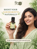 Smiling woman with long, healthy hair holding Trinabha Pure Alopecia Hair Growth Oil.